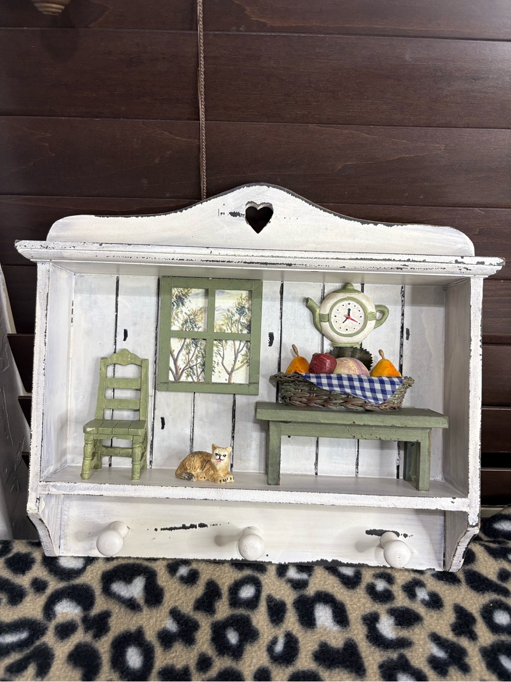 White Wooden Wall Shelf with Green Accents - Home Wall Decor